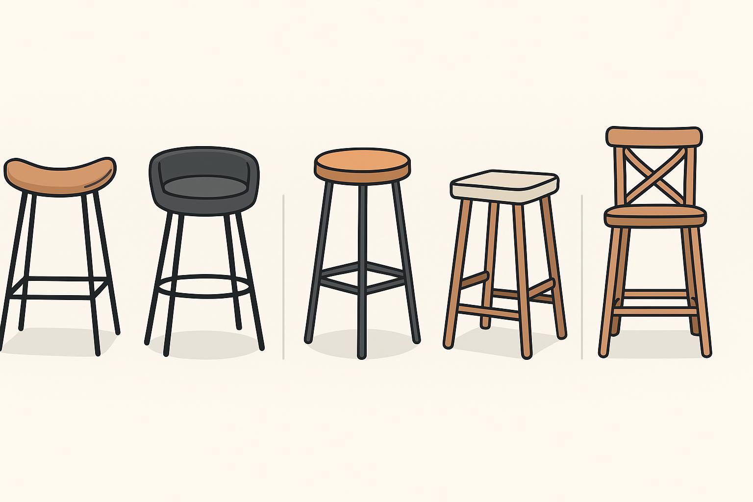 Types of Bar Stools: 25 Popular Types and How to Choose Illustration showing five common bar stool styles: saddle, bucket, industrial, modern, and farmhouse