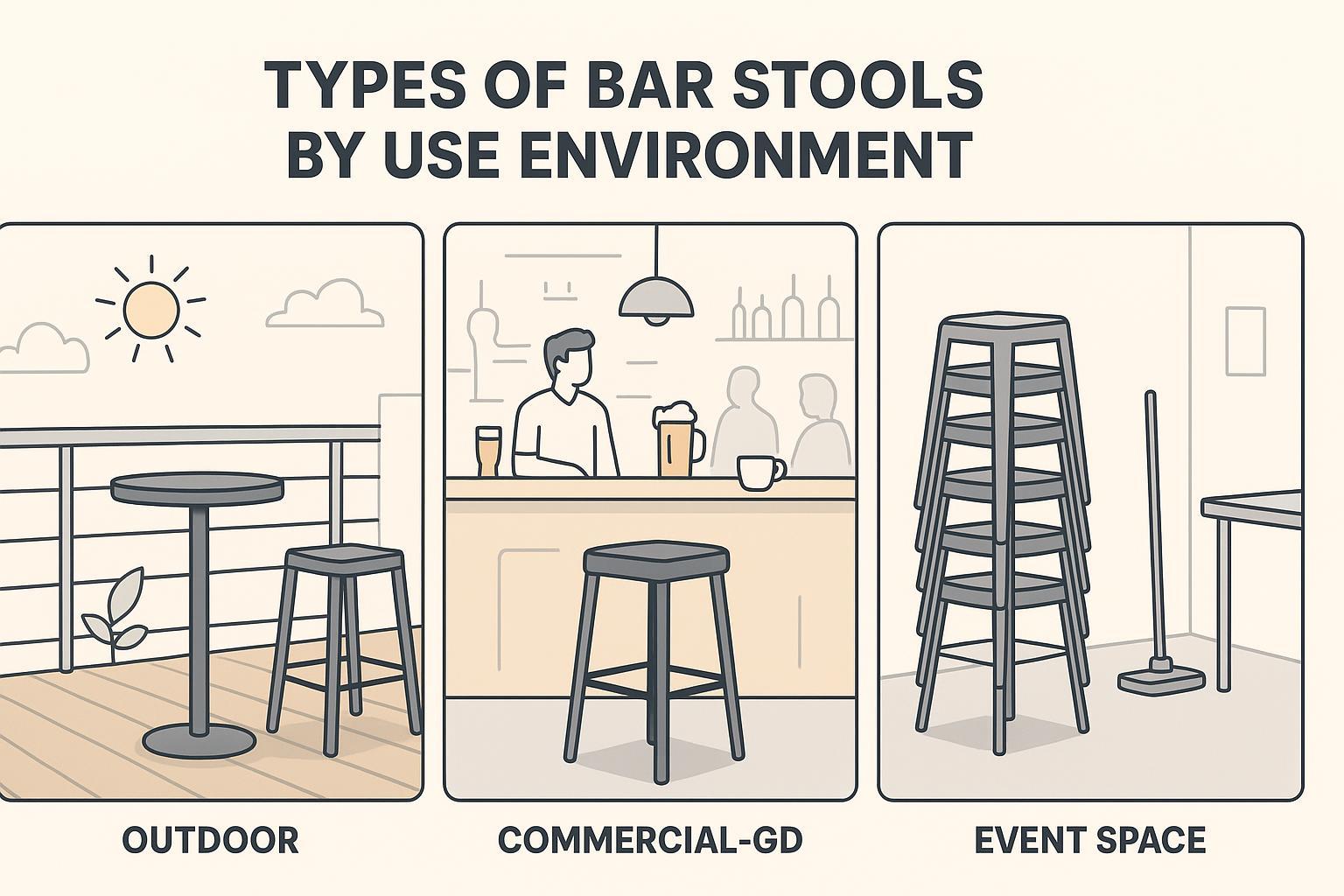 Types of Bar Stools: 25 Popular Types and How to Choose Illustration comparing bar stools by use environment: outdoor, commercial restaurant, and stackable use cases