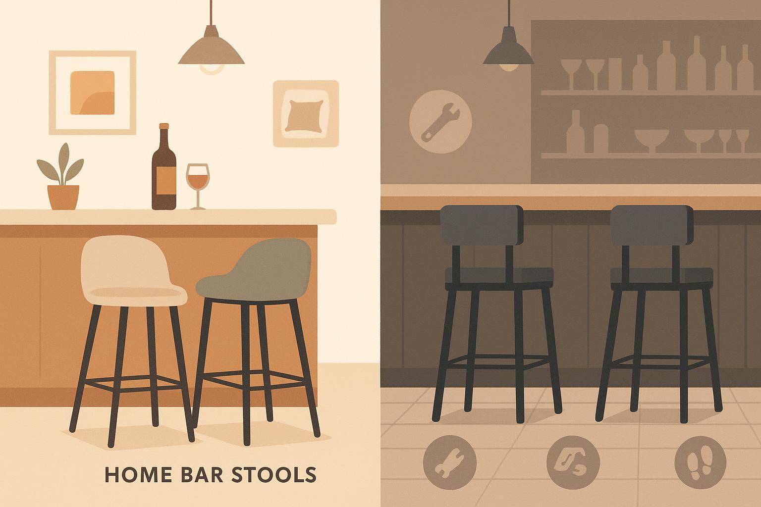 Types of Bar Stools: 25 Popular Types and How to Choose Split illustration comparing home bar stools (style and comfort) vs commercial bar stools (durability, easy cleaning, and maintenance features)