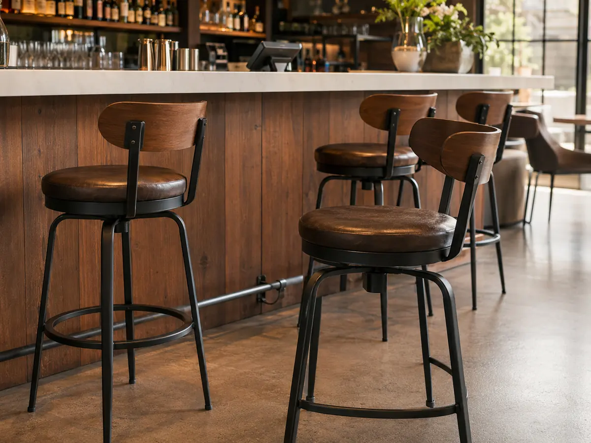 Commercial bar stools used for wobble diagnosis in a cafe