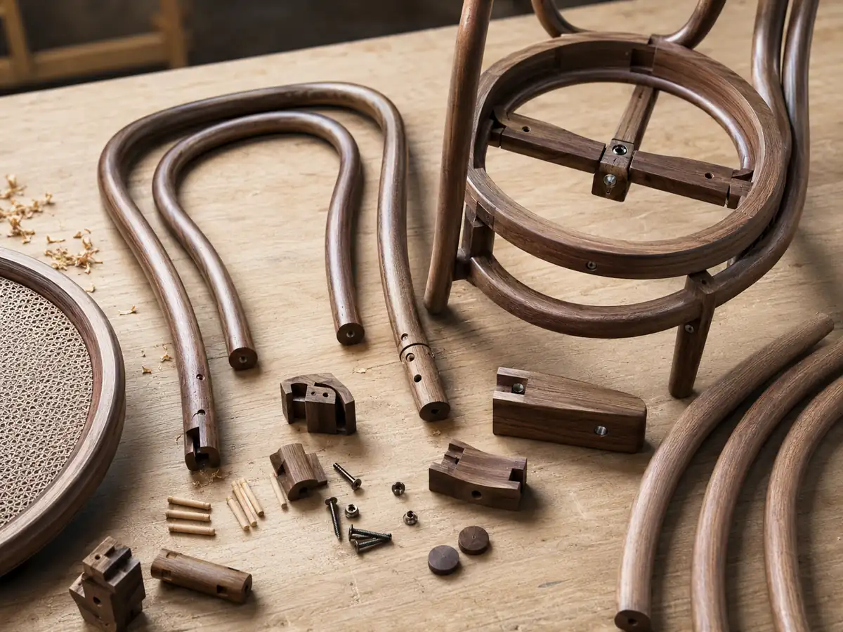 Curved wooden bentwood chair components and underside construction details