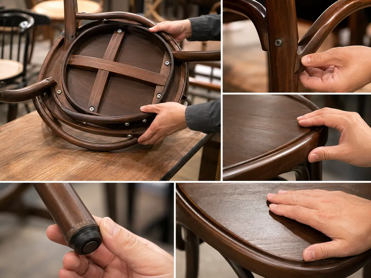 Bentwood chair underside joints and glide details for inspection