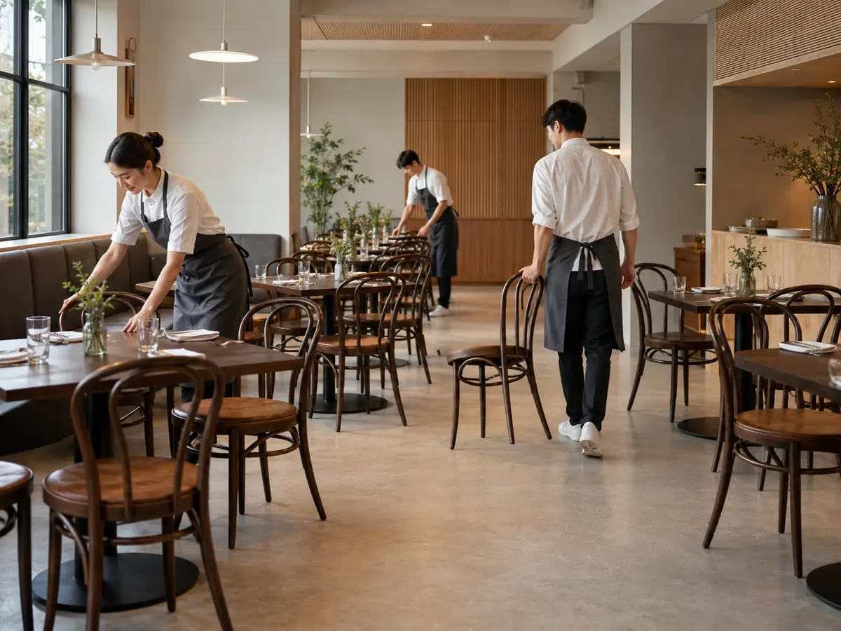 Restaurant staff resetting bentwood chairs in a dining room