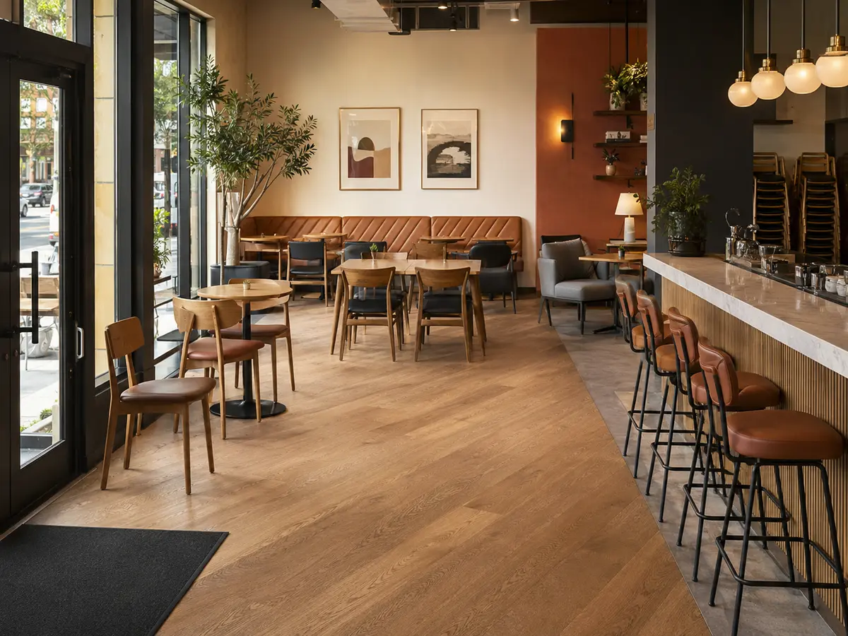 Café-Innenausstattung mit Stühlen mit hoher Rückenlehne, gepolsterten Sitzgelegenheiten, Barhockern und gestapelten Zusatzstühlen