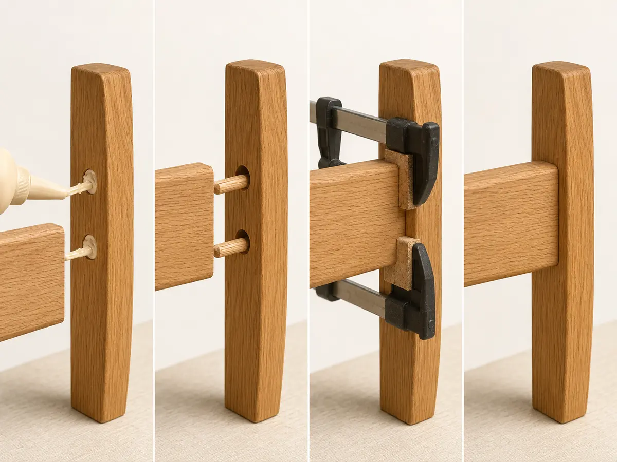 Four-step wooden chair joint assembly process showing glue application, insertion, clamping, and curing