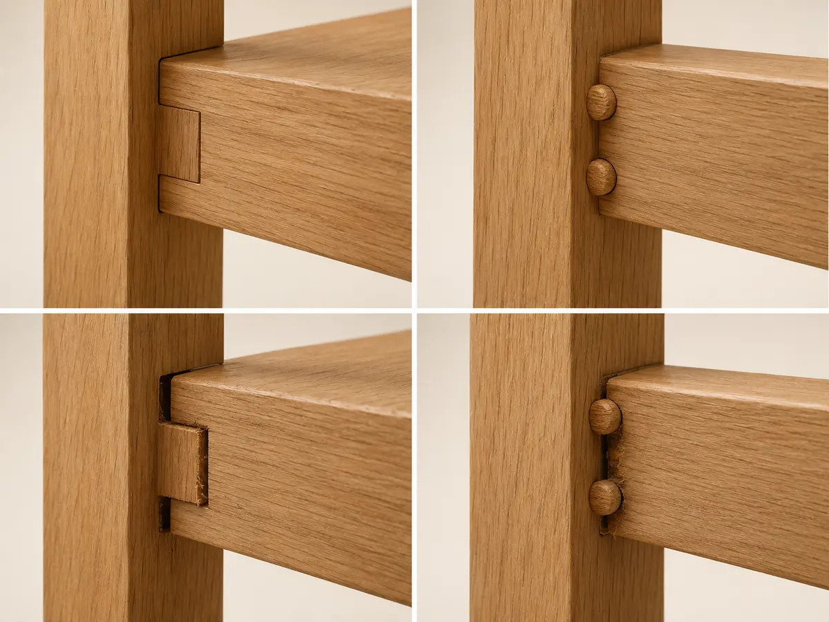 Comparison of precise and poorly fitted wooden chair joints with visible gaps and alignment differences