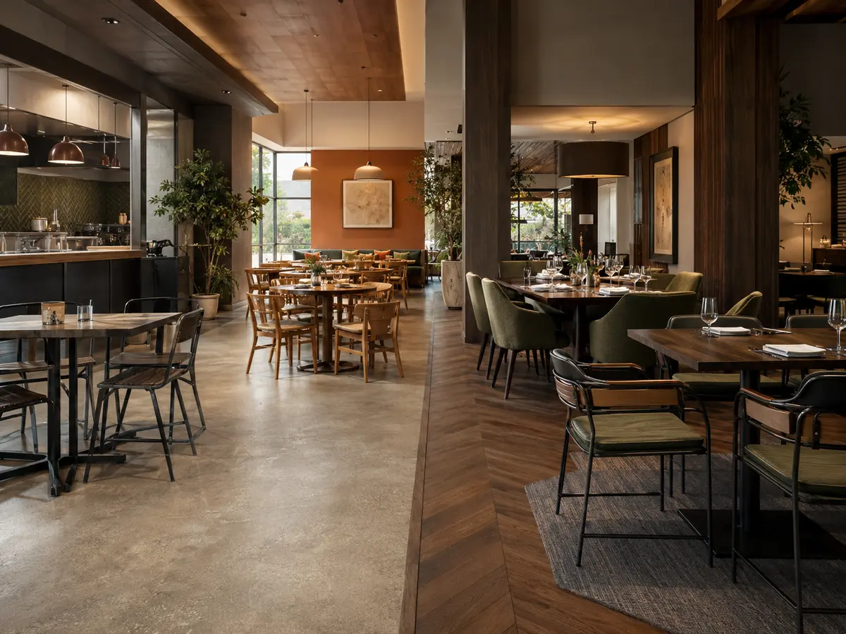 Restaurantområder med sitteplasser i metall, tre, polstret og kombinasjonsmaterialer, tilpasset ulike serveringsbehov