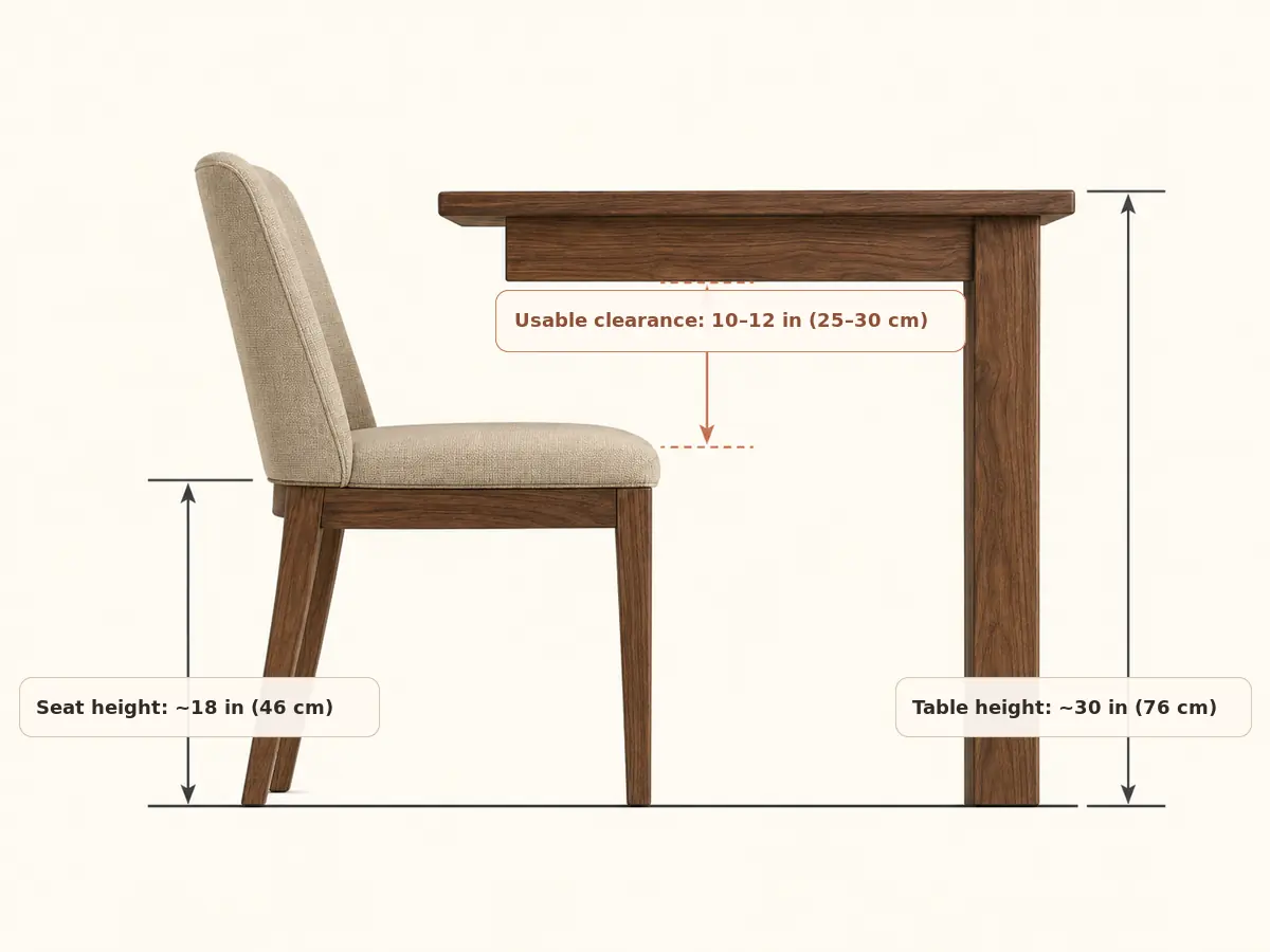 Diagram sett fra siden som viser et sete på 18 tommer, et bord på 30 tommer og en brukbar høyde på 10–12 tommer