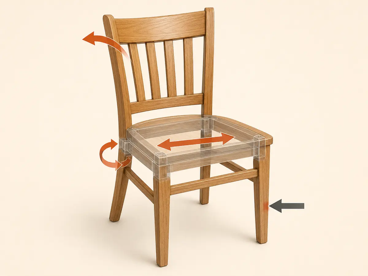 Wooden restaurant chair diagram showing racking, backrest leverage, impact, and repeated fatigue loads