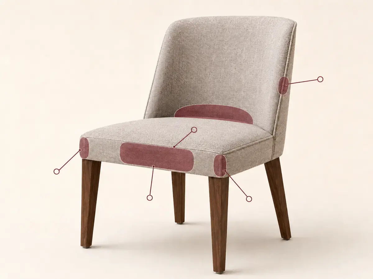 Upholstered restaurant chair with highlighted wear zones at the seat edge, corners, piping, and seams