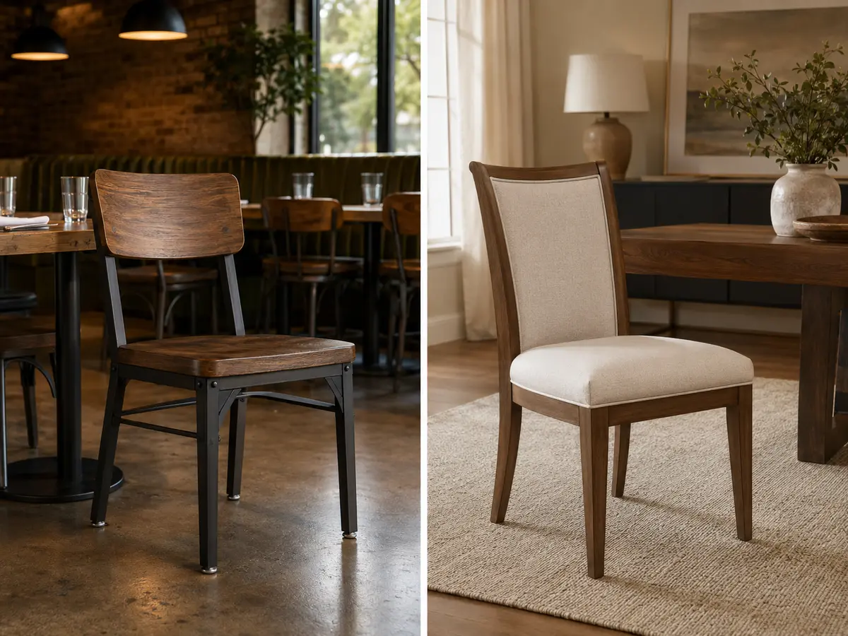 Commercial restaurant chair and residential dining chair shown in their typical settings
