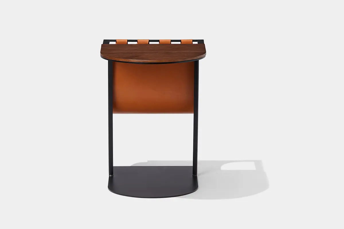 HU Leather Sling Side Table for Hotel Lounge Seating Side view of modern metal frame side table with leather sling