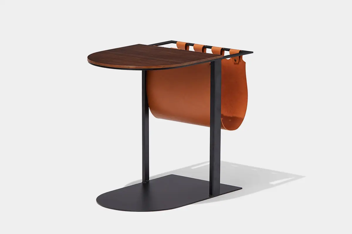 HU Leather Sling Side Table for Hotel Lounge Seating Angled view of HU leather side table with storage sling
