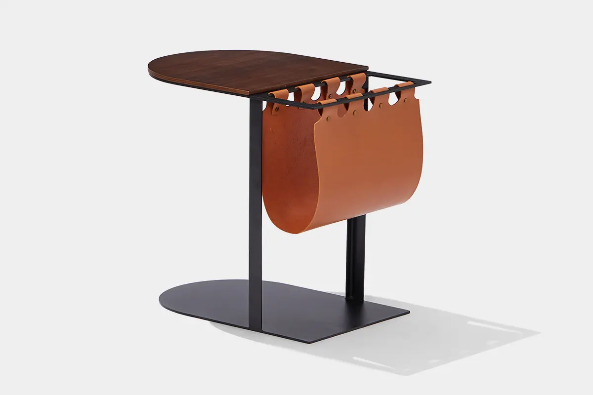 HU Leather Sling Side Table for Hotel Lounge Seating Leather sling storage detail on HU hotel lounge side table