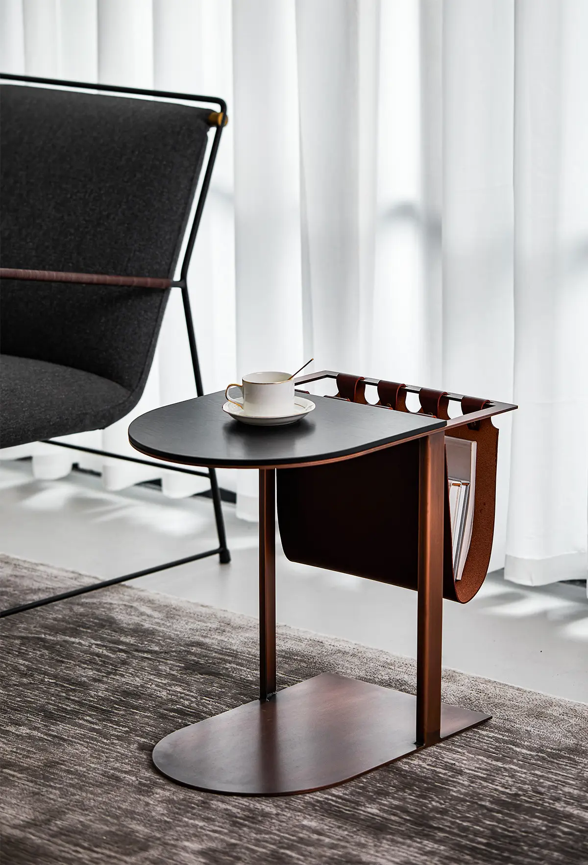 Dimension drawing for HU leather sling side table W55 D38 H50 cm