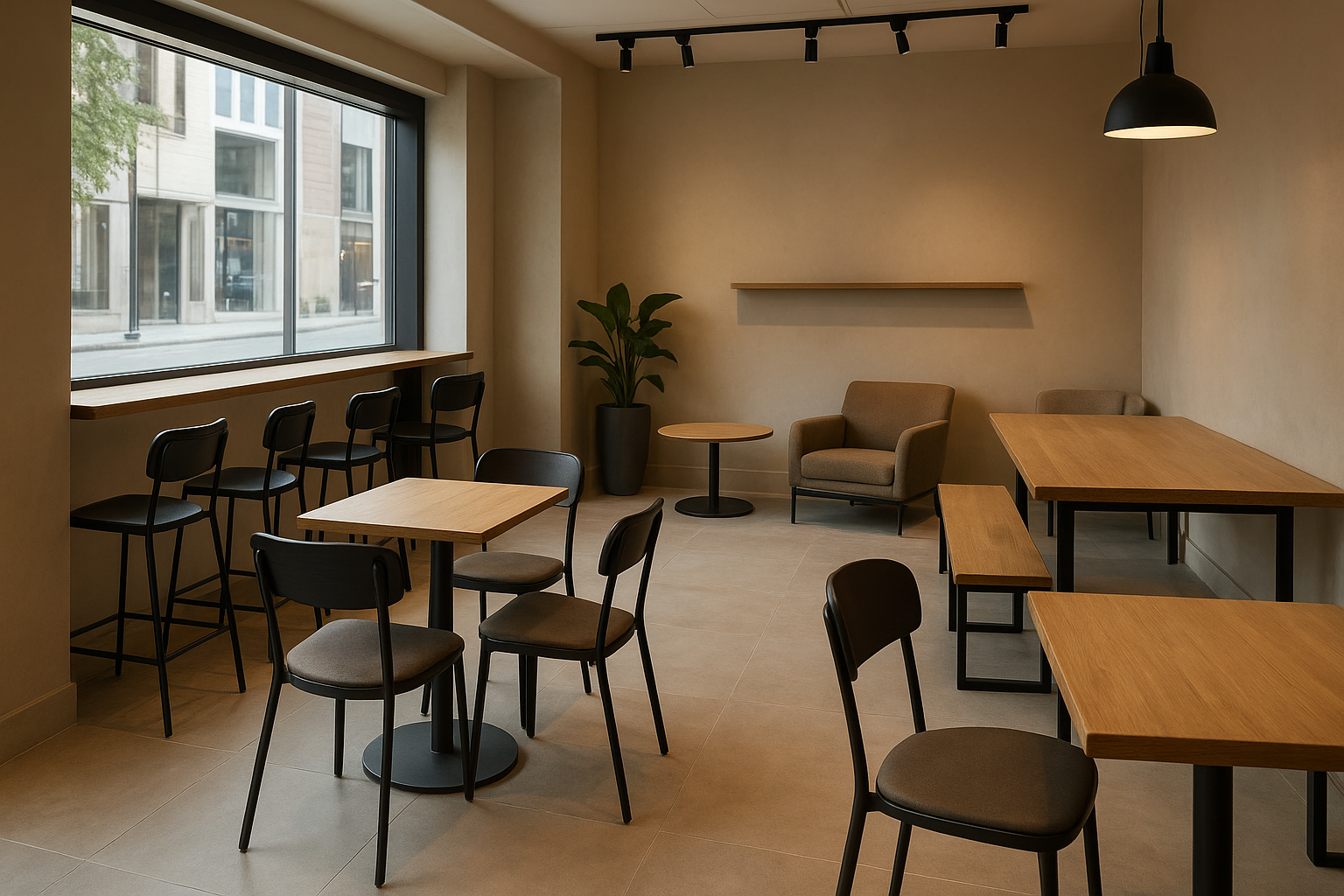 Espaces de détente modernes pour cafés commerciaux, avec chaises de café, tables, tabourets de bar et une table commune (liste de contrôle du mobilier de café)