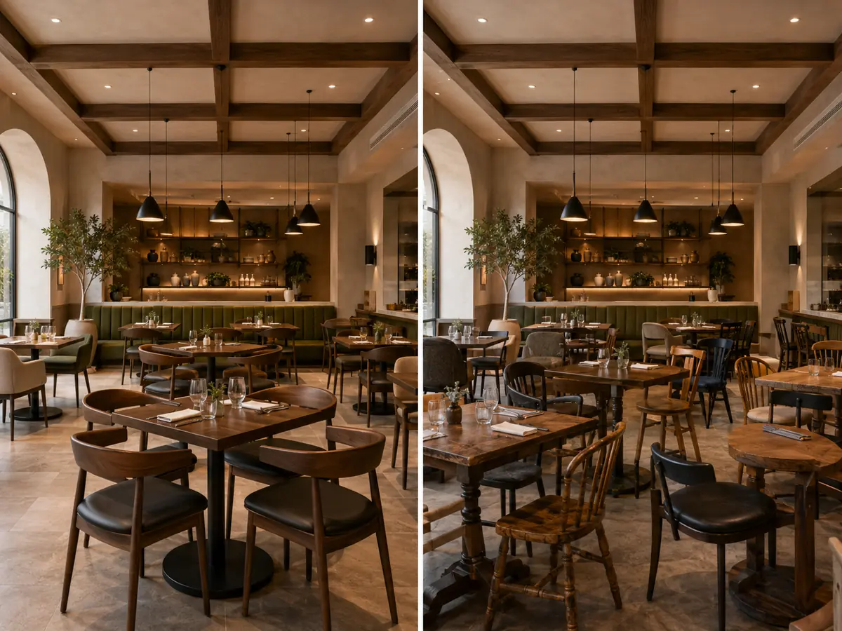 Restaurantsammenligning som viser en bevisst blanding av stoler ved siden av en tilfeldig blanding av stiler og overflatebehandlinger