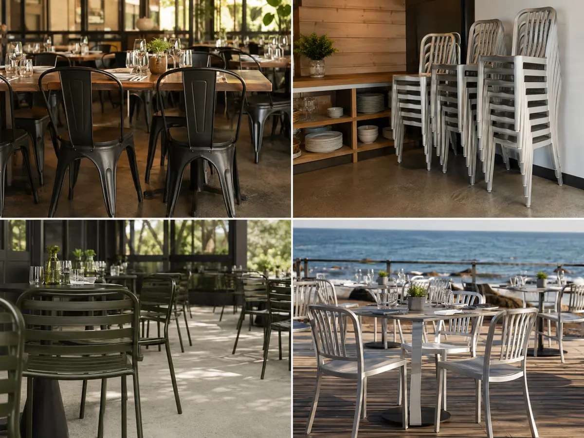 Steel and aluminum restaurant chairs shown across indoor, stacking, patio, and coastal use scenarios
