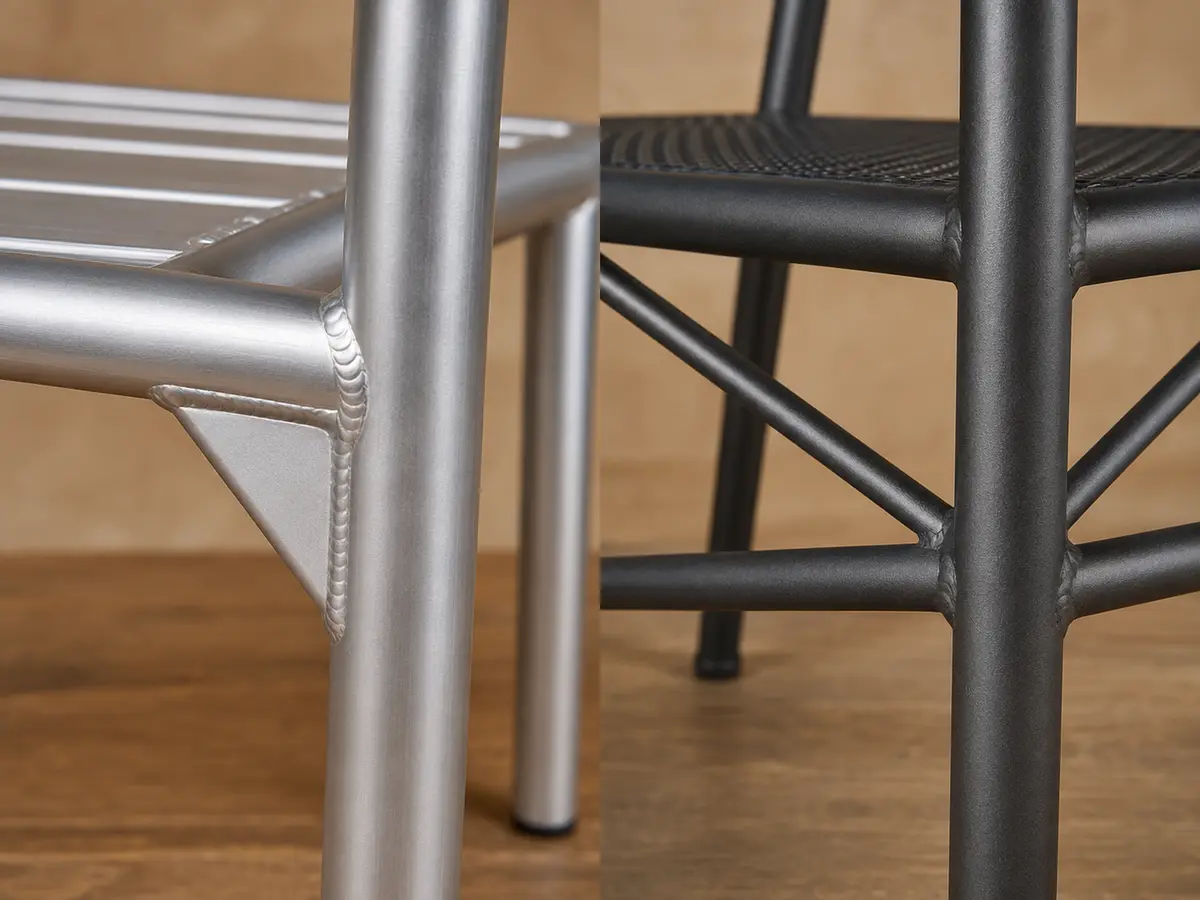 Aluminum chair gusset and steel chair bracing shown in a close frame-joint comparison