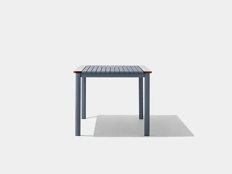 End view of metal frame outdoor dining table
