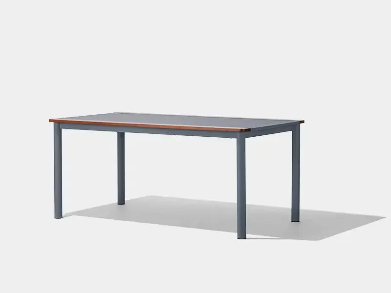 Rectangular outdoor restaurant table with metal frame side angle