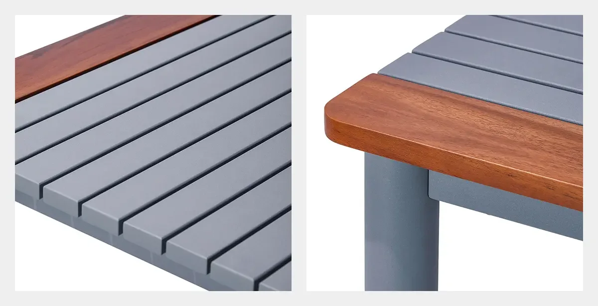 Tabletop detail of metal frame outdoor dining table