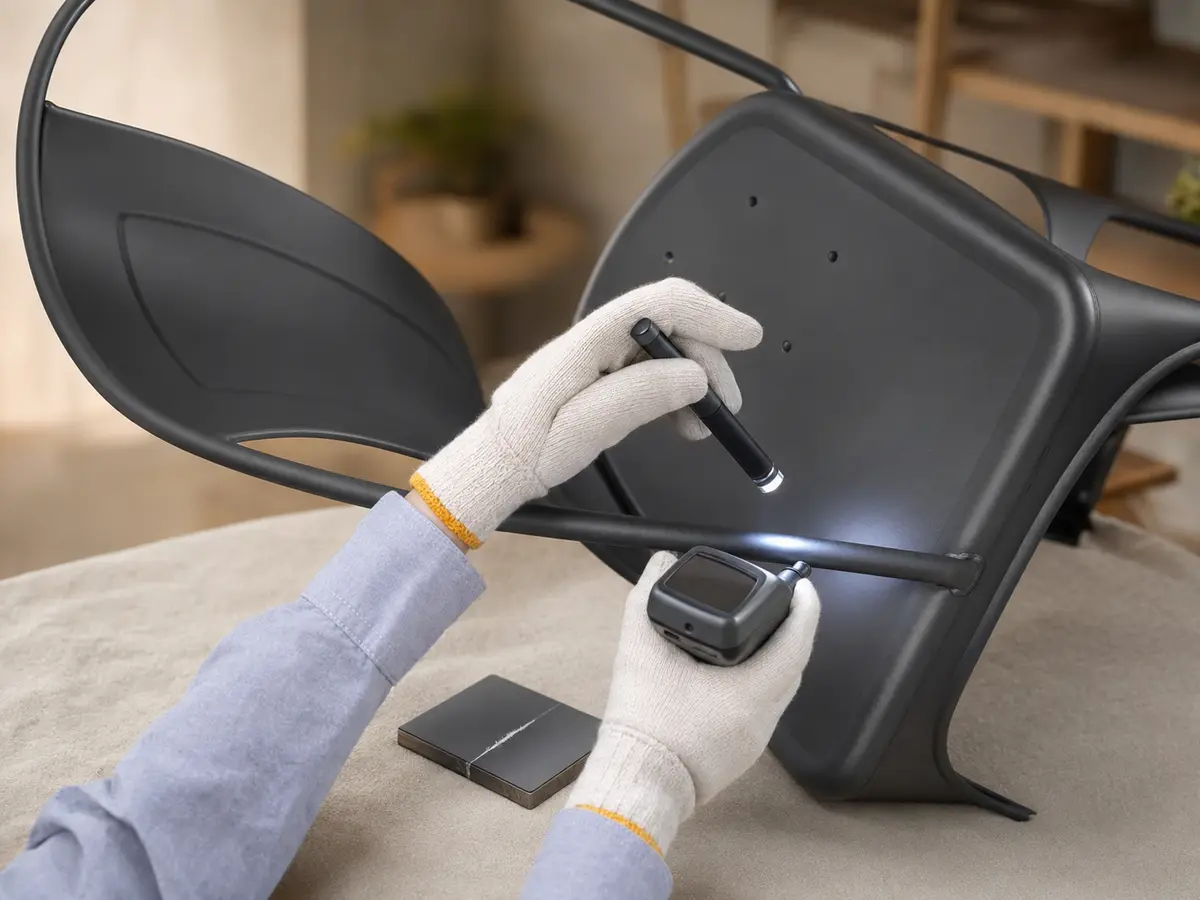 Inspector checking powder-coated chair surfaces, weld coverage, and a coated test coupon