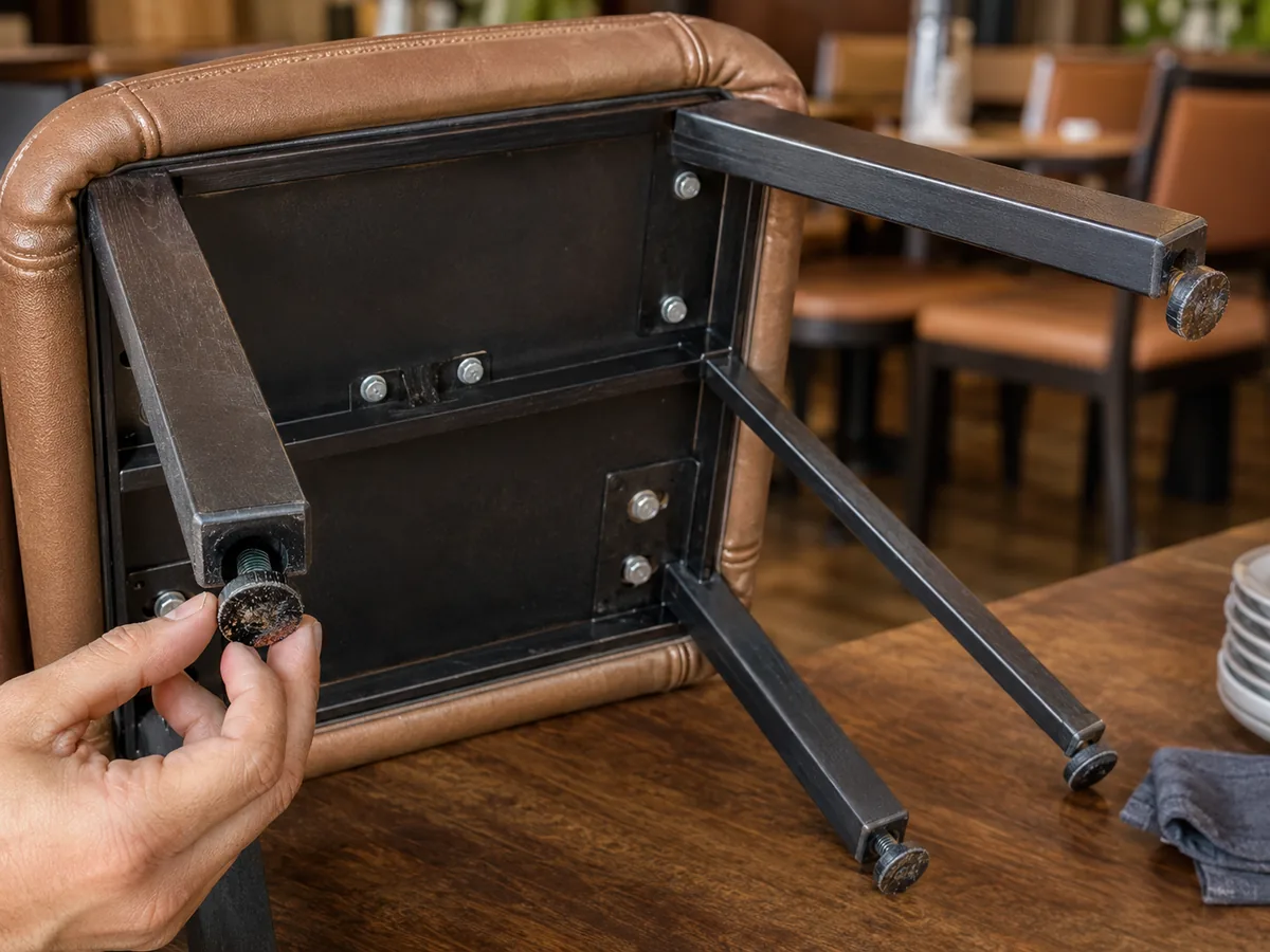Restaurant chair glide and fastener inspection detail