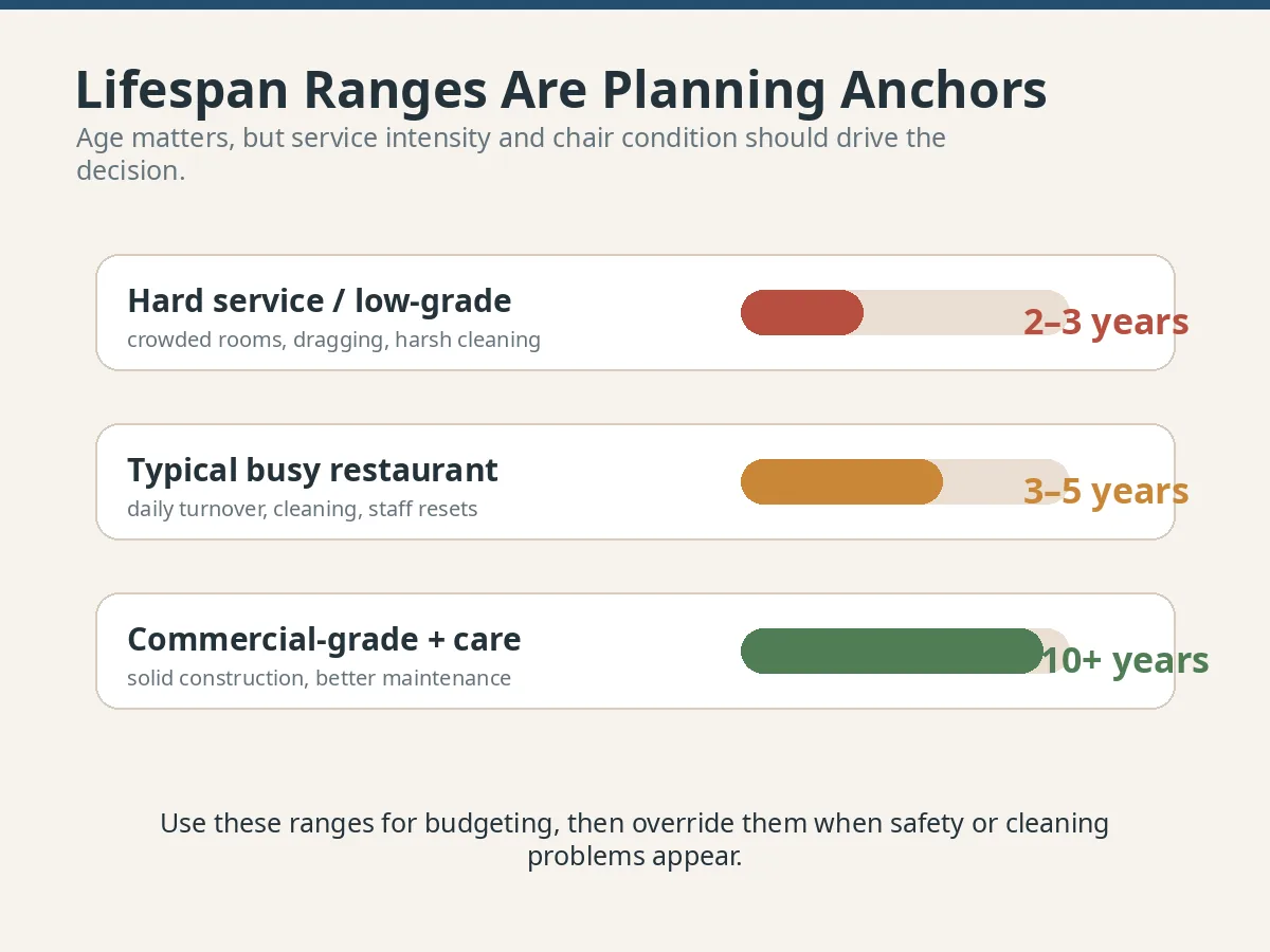 Wie lange halten Restaurantstühle? Lebensdauer, Verschleißanzeichen und Ersatzplanung Restaurant chair lifespan ranges by service intensity