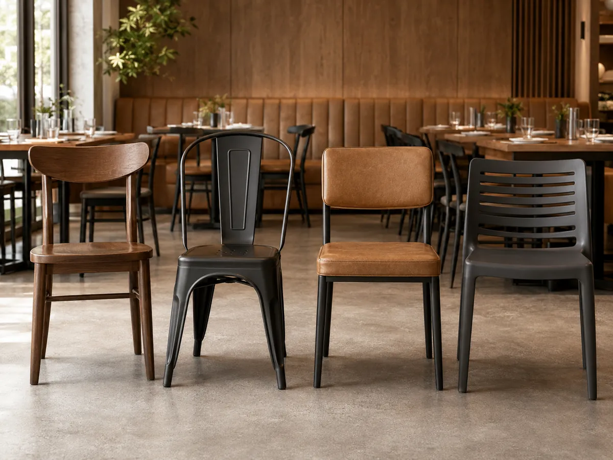 Wood metal vinyl and resin restaurant chair material options