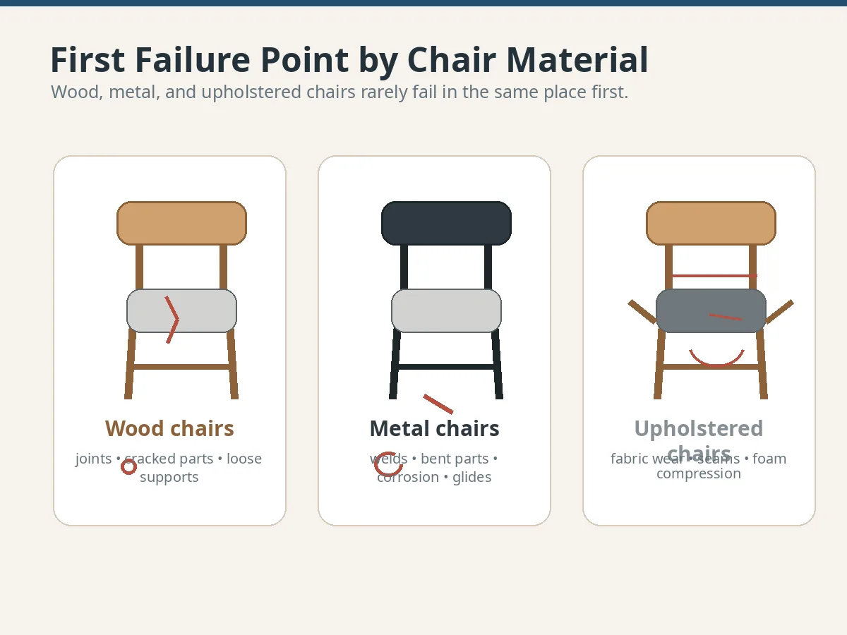 Wie lange halten Restaurantstühle? Lebensdauer, Verschleißanzeichen und Ersatzplanung Wood metal and upholstered restaurant chair failure points