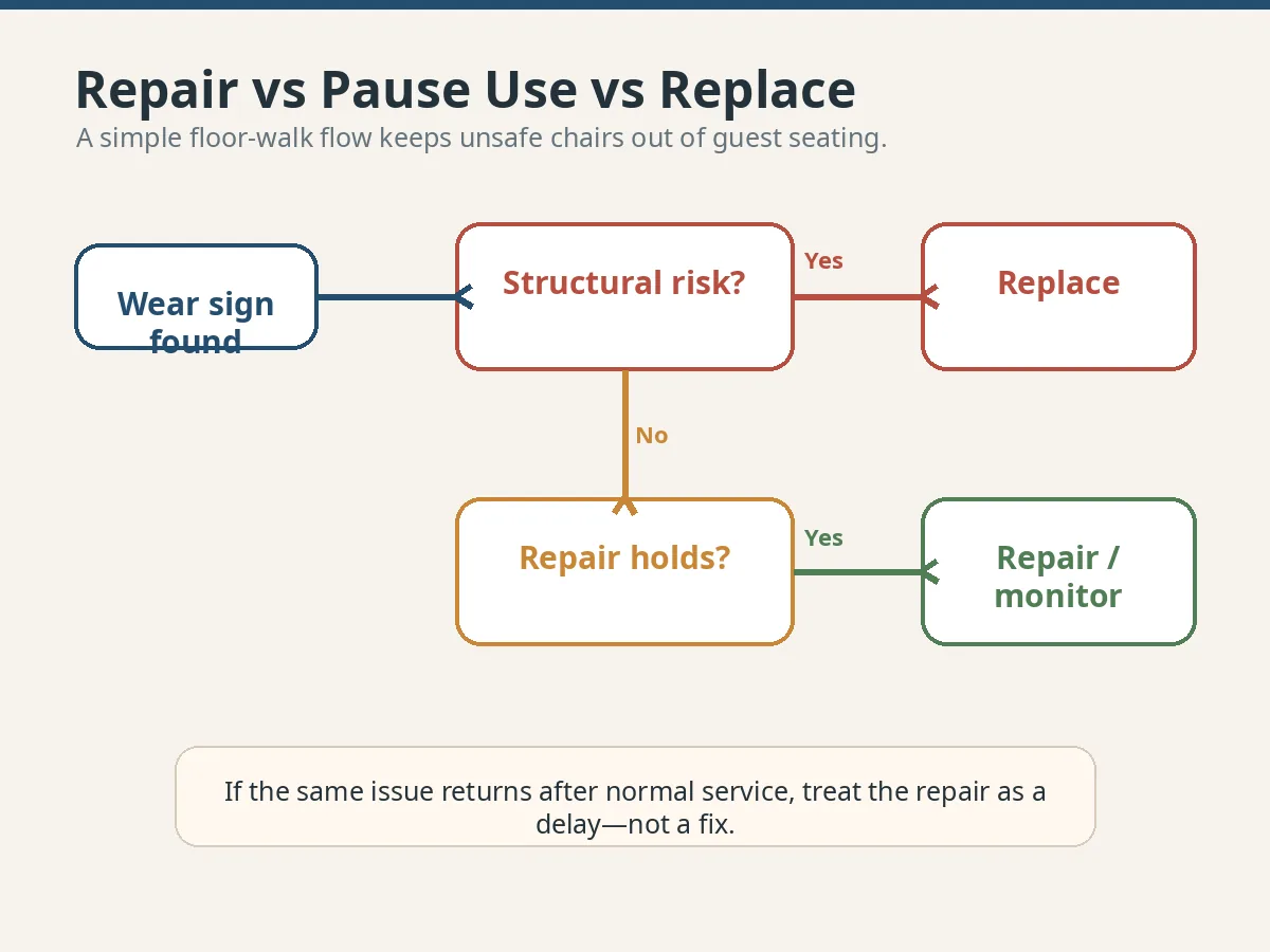Wie lange halten Restaurantstühle? Lebensdauer, Verschleißanzeichen und Ersatzplanung Restaurant chair repair pause use or replace decision flow