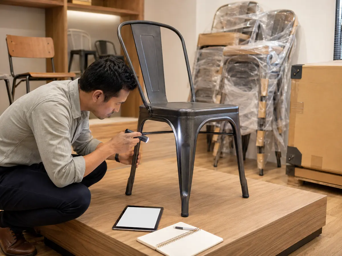 Furniture buyer inspecting a metal restaurant chair sample, welds, glides, and packaging