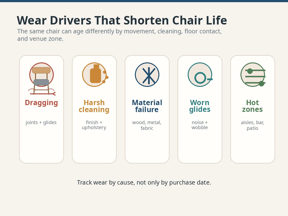 Wie lange halten Restaurantstühle? Lebensdauer, Verschleißanzeichen und Ersatzplanung Wear drivers that shorten restaurant chair lifespan
