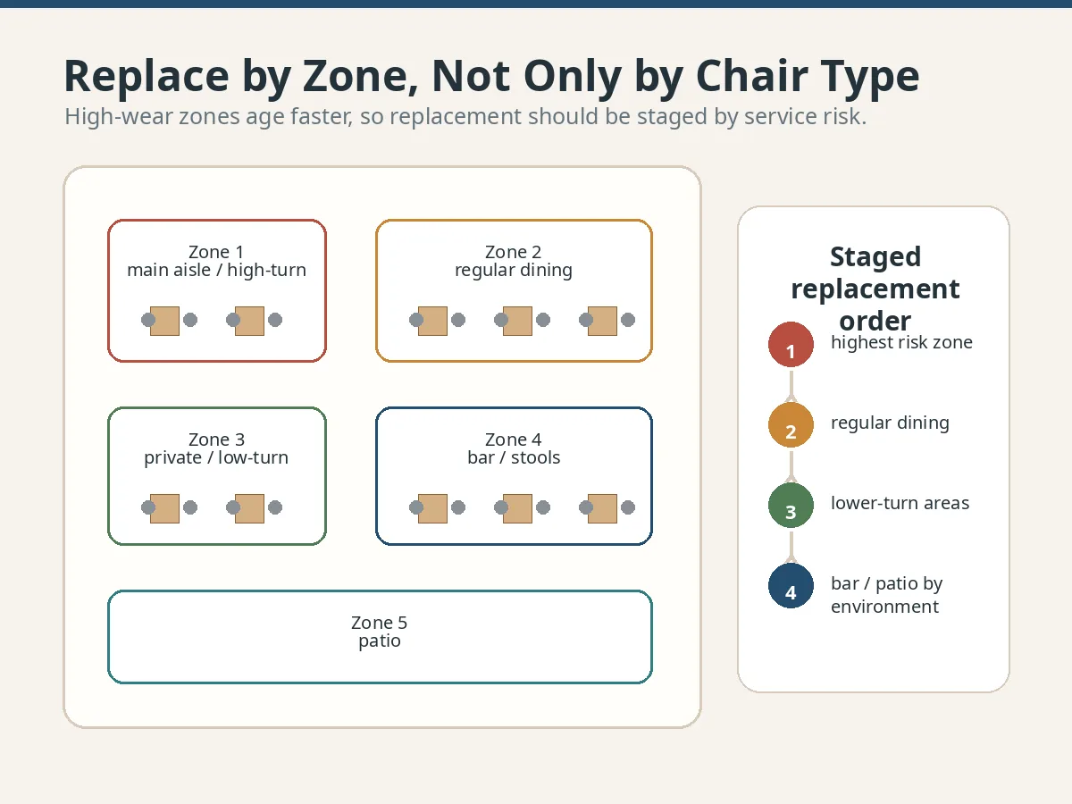 Wie lange halten Restaurantstühle? Lebensdauer, Verschleißanzeichen und Ersatzplanung Restaurant chair replacement plan by dining room zone