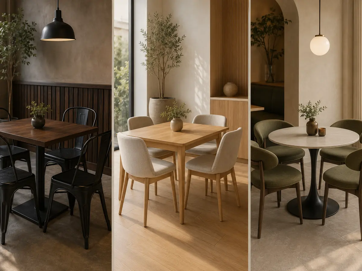 Tre kombinasjoner av restaurantmøbler, samordnet etter overflatebehandling, trefarge og buet silhuett