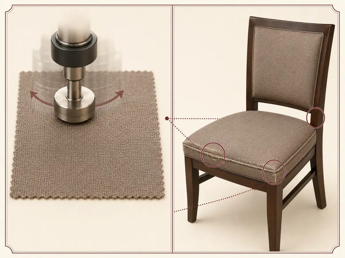 Flat fabric abrasion test beside a restaurant chair with wear at its front edge, piping, corners, and seams