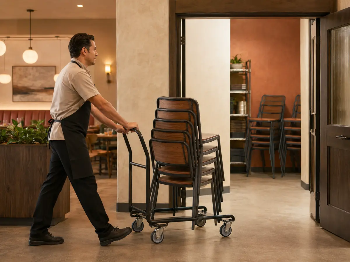 Un employé de restaurant déplace en toute sécurité des chaises empilables alignées sur un chariot spécialement conçu à cet effet