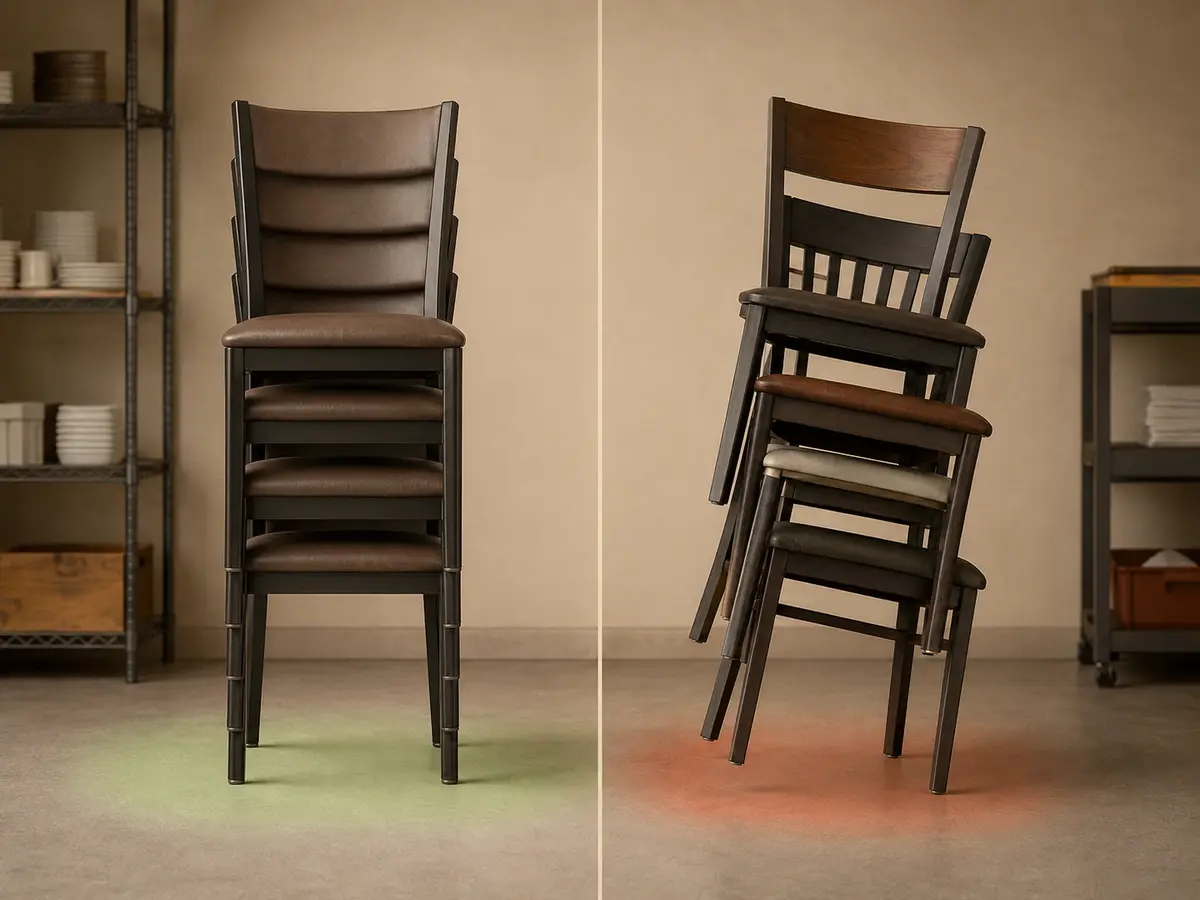 Empilement de chaises alignées bien droites comparé à un empilement instable et penché de modèles mixtes