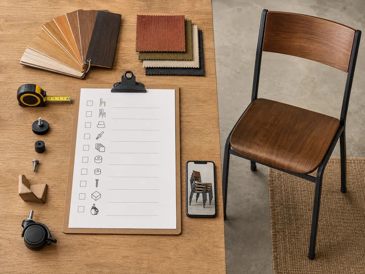 Échantillon de chaise empilable avec fiche de contrôle, mètre ruban, finitions et pièces de rechange