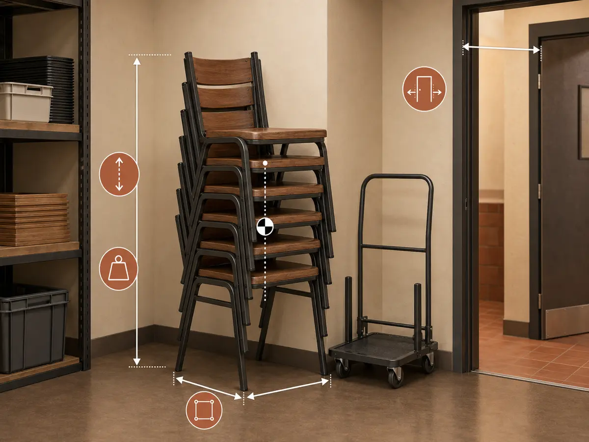 Schéma d'empilage des chaises indiquant la hauteur, l'encombrement au sol, le centre de gravité, ainsi que les dégagements nécessaires pour le chariot et le passage de porte