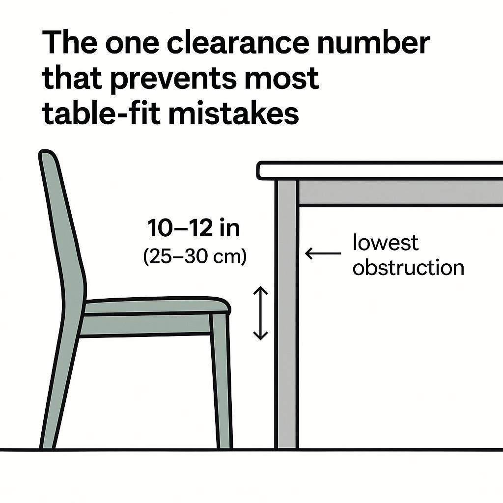 Standard Dining Chair Dimensions: Seat Height, Width, Depth, and Table Fit Diagram showing the recommended 10–12 in (25–30 cm) clearance between dining chair seat height and the table’s lowest underside obstruction (apron).