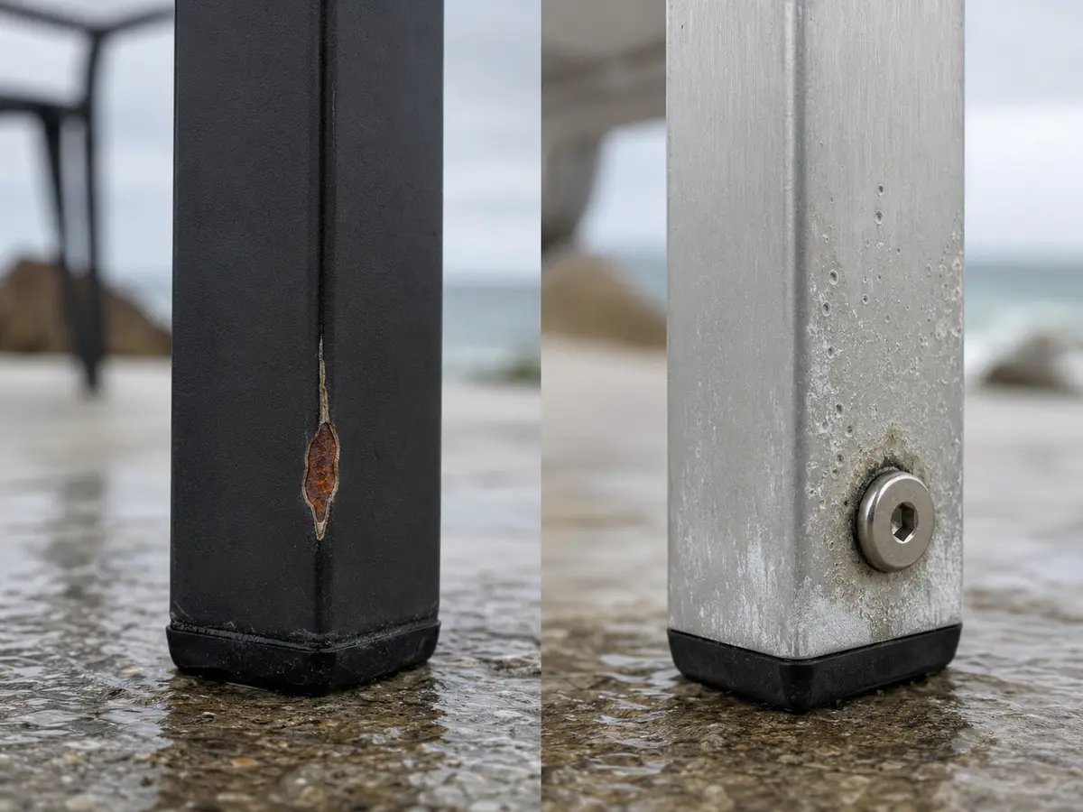 Rust at a scratch in coated steel beside pitting around a fastener in aluminum