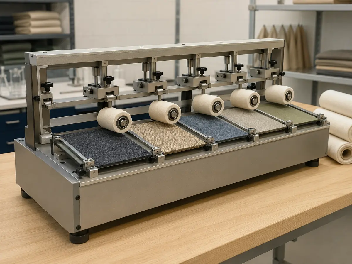 Conceptual abrasion test machine holding several upholstery specimens beneath cylindrical rubbing heads