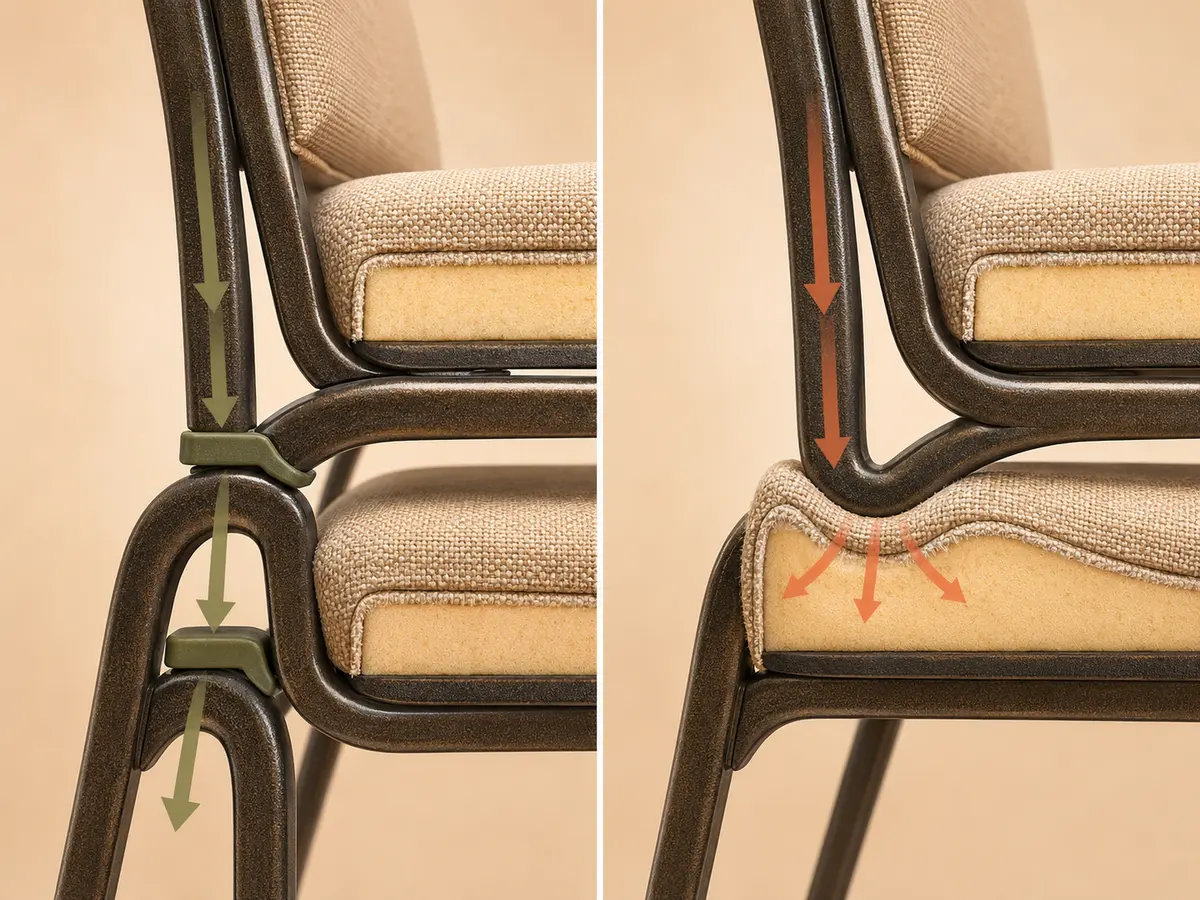 Des entretoises de structure protégeant le revêtement, par opposition à une structure de chaise qui comprime la mousse de l'assise