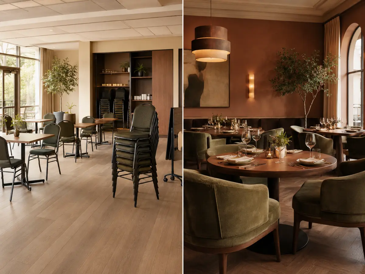 Des sièges de café modulables, contrairement aux chaises de restaurant haut de gamme, plus moelleuses mais plus difficiles à empiler