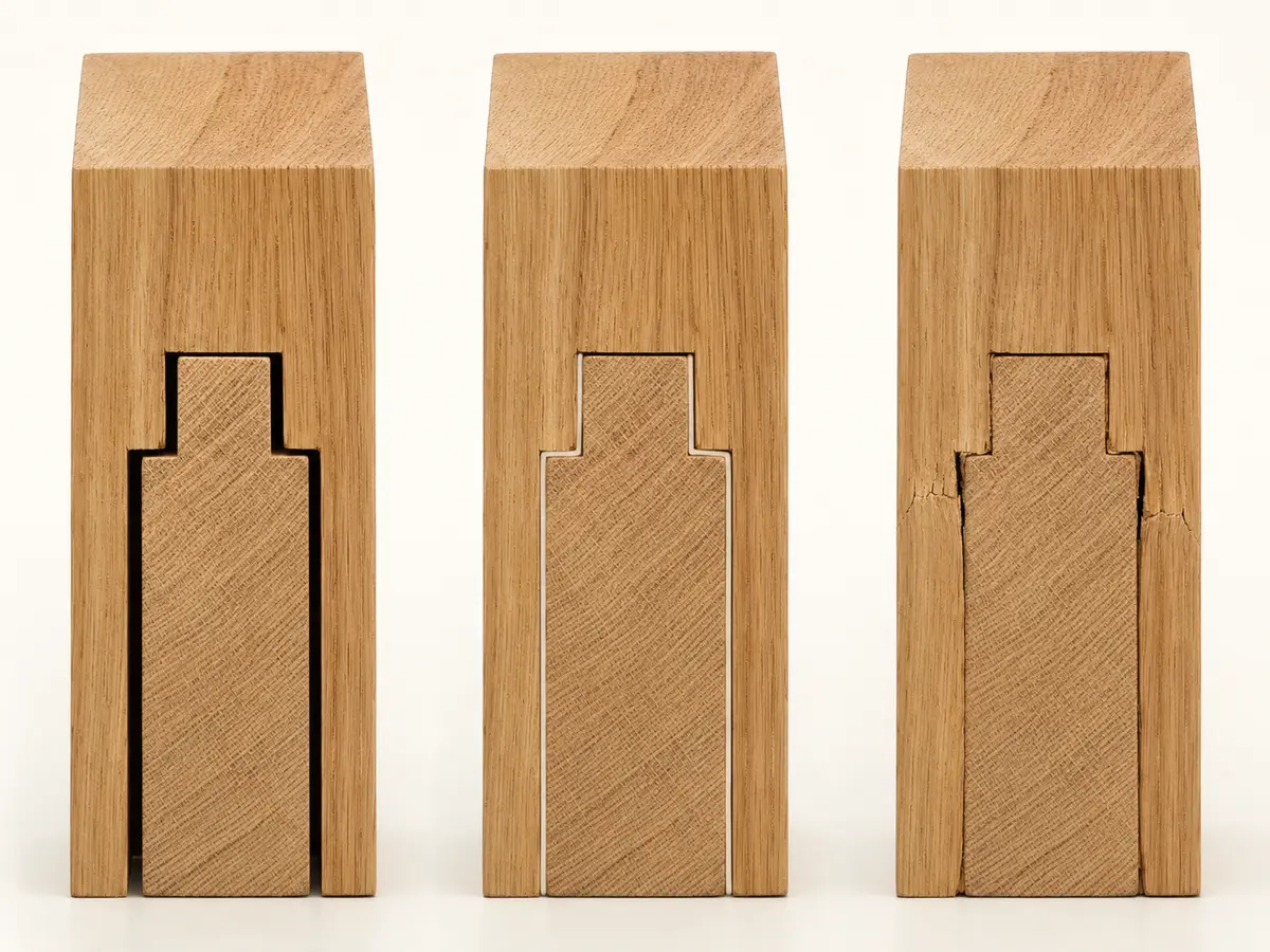Three-way comparison of loose, correct, and overly tight fits in wooden chair joints