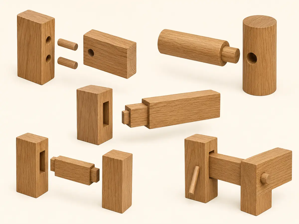 Five wooden chair joint constructions including dowels, round tenon, loose tenon, and drawbored joint