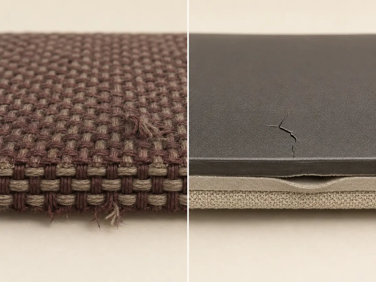 Woven upholstery with frayed yarn beside coated upholstery showing a cracked and separating surface layer