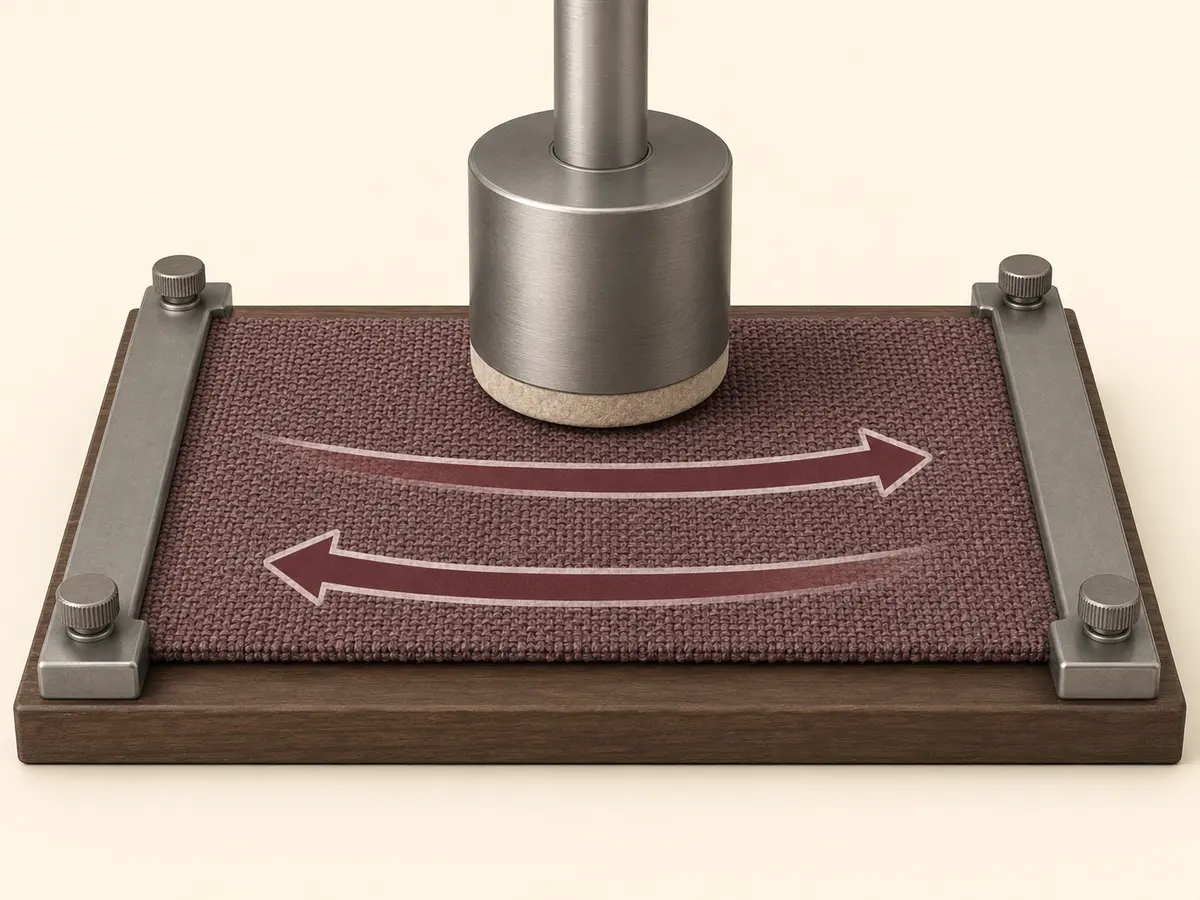 Cylindrical rubbing head moving forward and back across a flat woven upholstery specimen